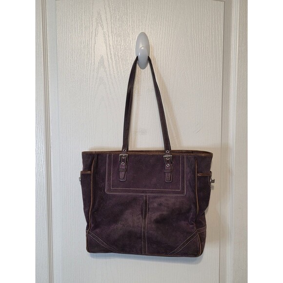 Vtg Coach Hampton Suede Book Tote Shoulder Bag Purse Plum Purple Silver F10411 - Picture 2 of 12
